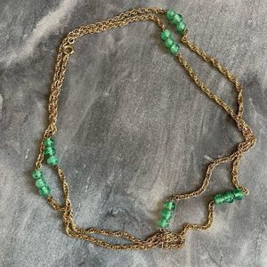 Vintage Long Gold Chain Necklace Green Art Glass Station Necklace